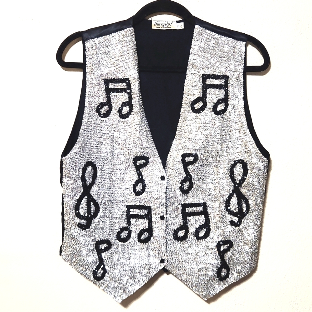 Vintage Hurry Up Sequined Music Notes Silver & Black Vest Unisex Size Medium